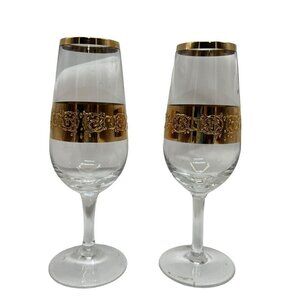 2 Vintage Etched Gold Scroll Rimmed Fluted Champagne Wine Glasses 6 inches